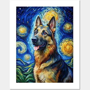 German Shepherd Dog Breed Painting in a Van Gogh Starry Night Art Style Posters and Art